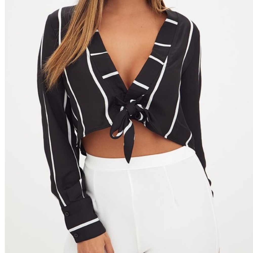 Black Tie Front Striped Cropped Blouse